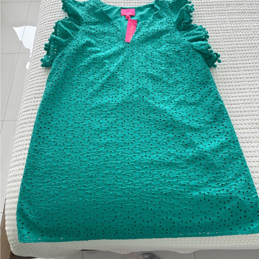 Green Eyelet Dress with Ruffle Sleeves